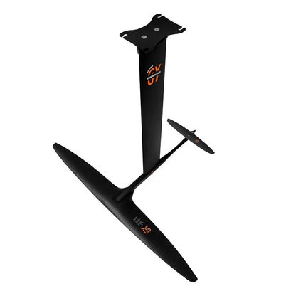 Black carbon fibre and aluminium racing hydrofoil for surfing with large front wing