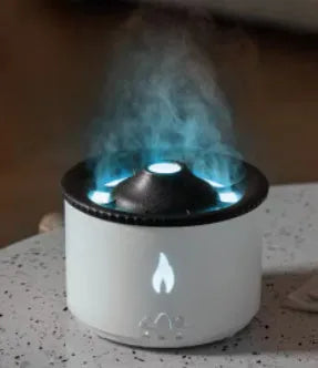 Colourful volcano-shaped cool mist humidifier with aromatherapy tray and flame-effect night light.