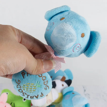 Plush dog toy with rope and sound in frog, elephant, cow, or bear designs