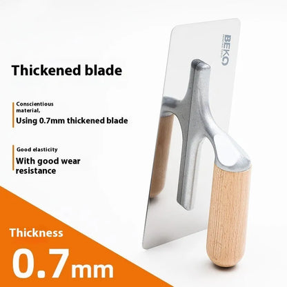 Stainless steel putty scraper with a wooden handle, shown with different blade size options for floor and wall work.