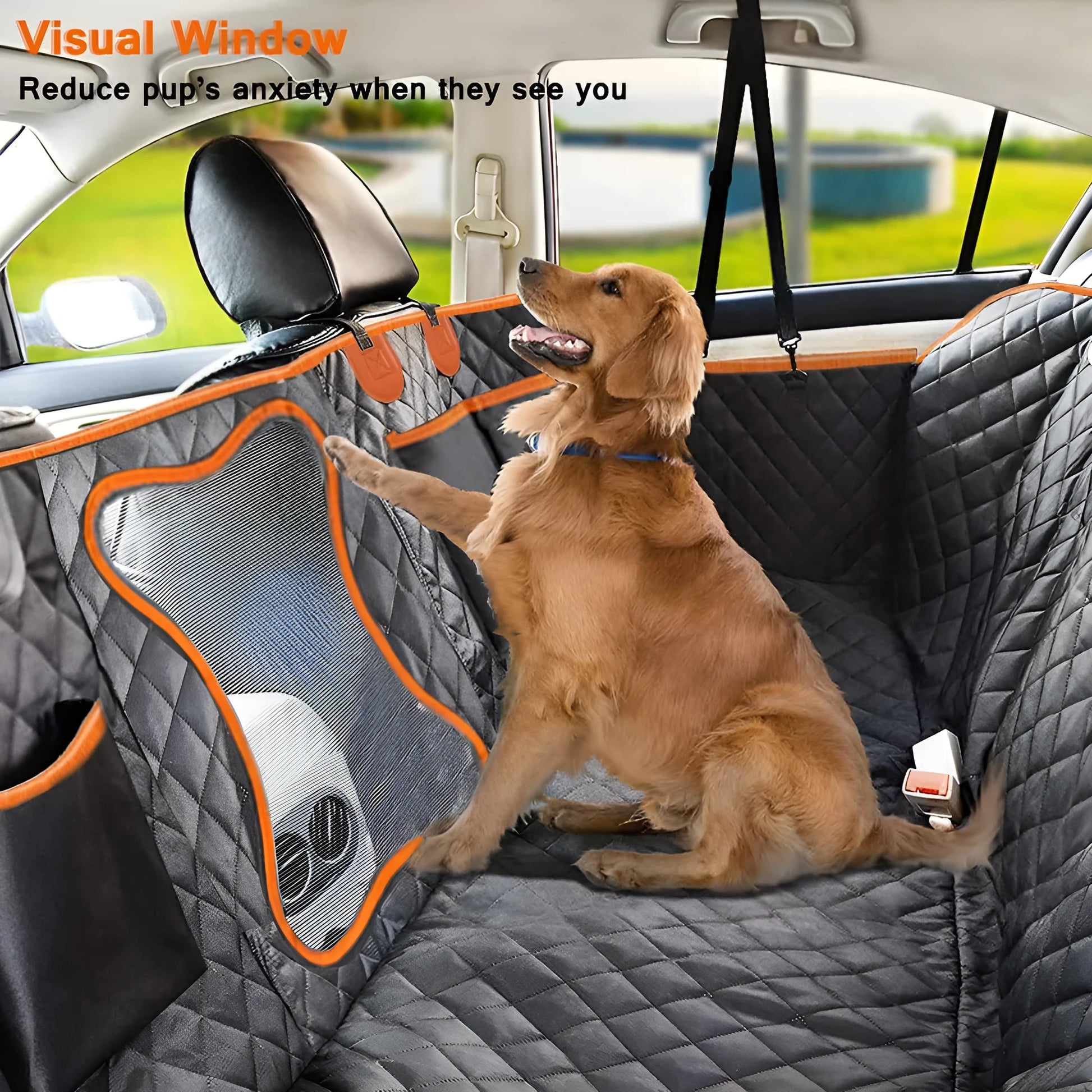 Black and orange edge waterproof dog car seat mat measuring 147x137cm with mesh window and accessory pocket
