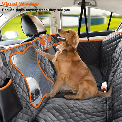 Black and orange edge waterproof dog car seat mat measuring 147x137cm with mesh window and accessory pocket