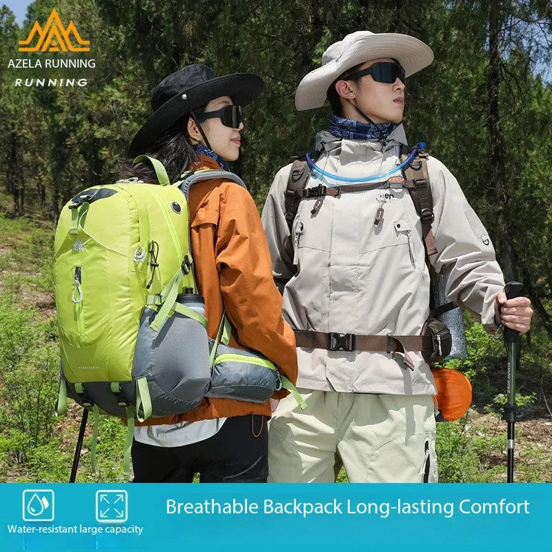 AZELA Electron 40L hiking backpack in white and navy with multiple compartments and adjustable straps