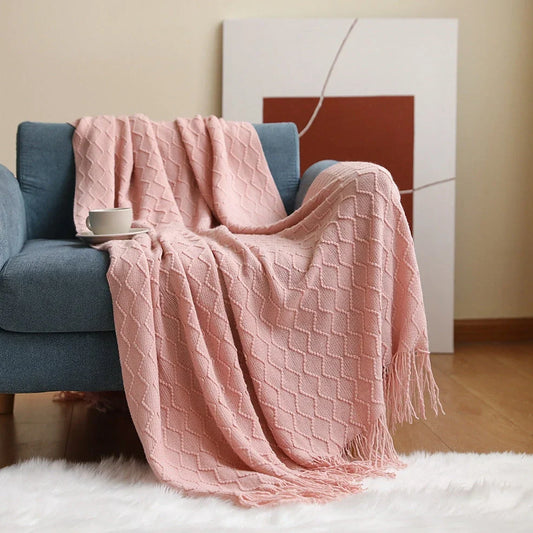Nordic knitted sofa blanket in beige, yellow, khaki, grey, blue, or pink measuring 127x152cm or 130x200cm
