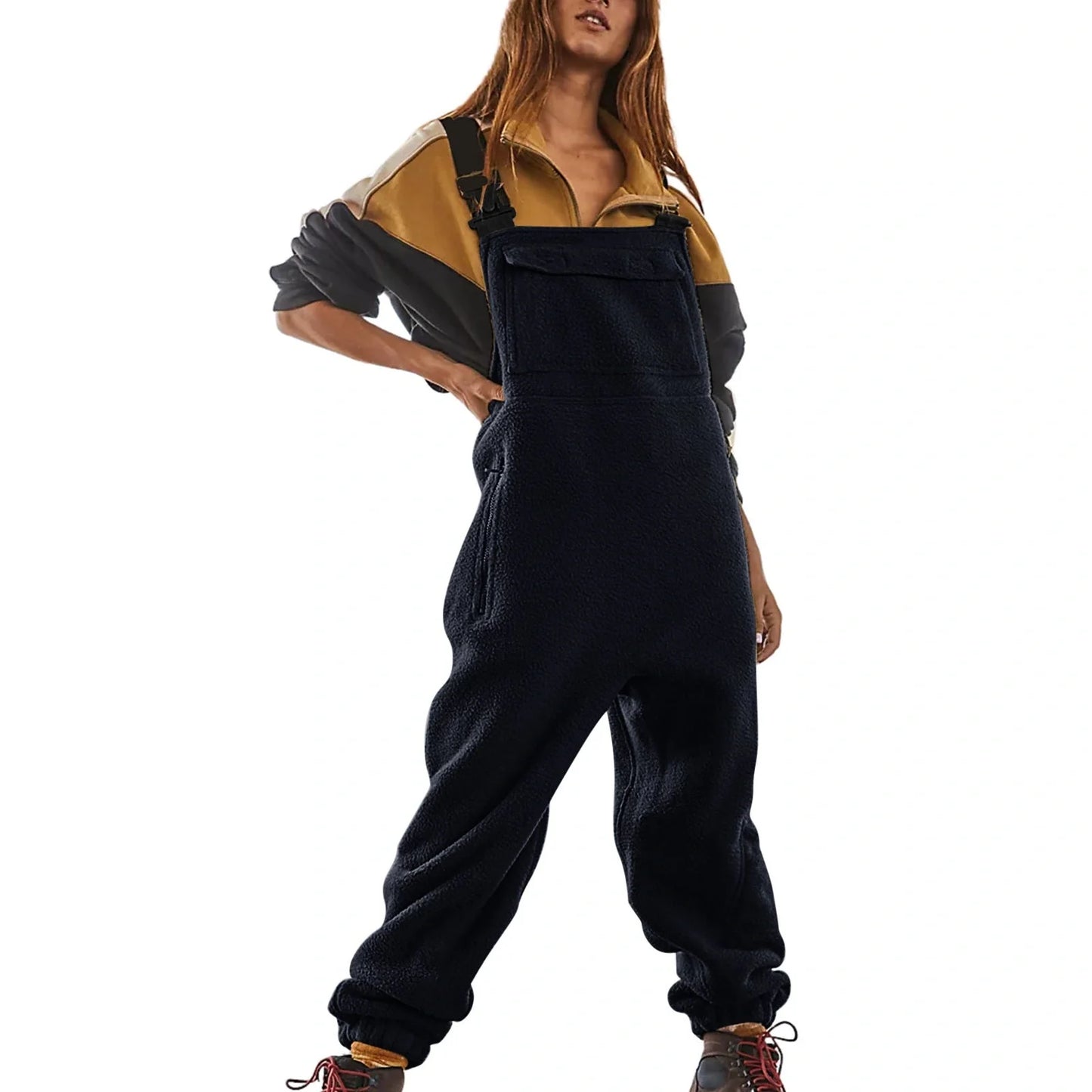 Premium polar fleece jumpsuit in various colors, featuring adjustable suspenders and a wide waistband for a customized fit.