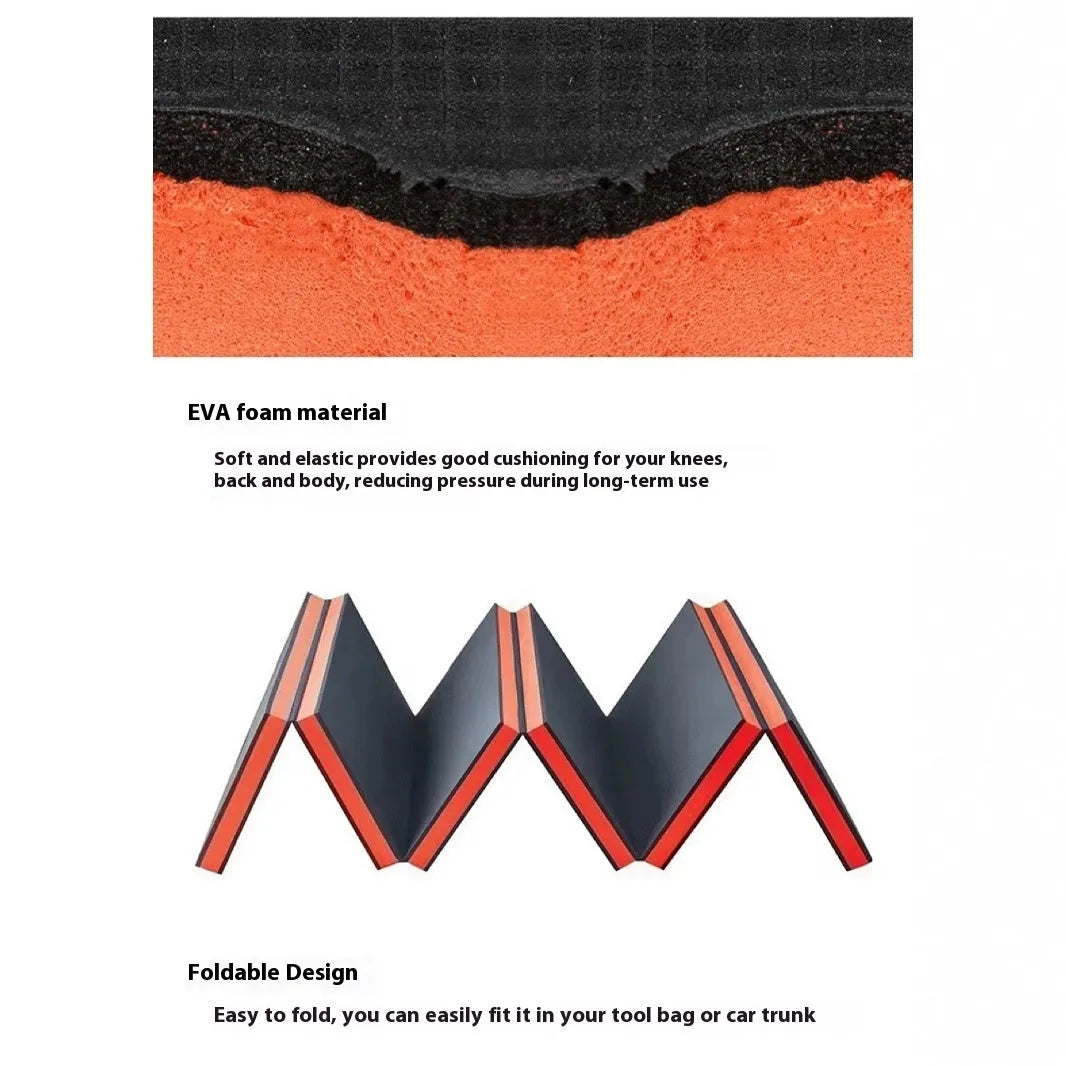 Large grey folding kneeling mat for car repair and gardening, shown unfolded and folded, dimensions 116cm by 40cm.