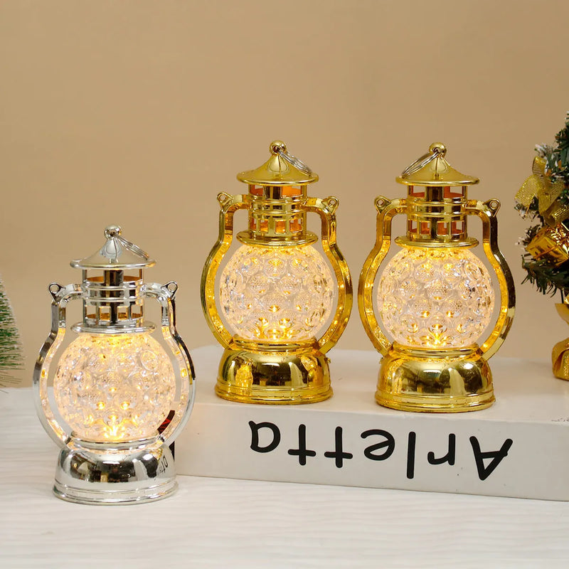 Creative retro small oil lamp LED decoration night lamp made from injection-moulded PP plastic with a choice of electroplated gold or silver finish, measuring 14.5cm by 8.5cm for ambient bedroom or living room lighting