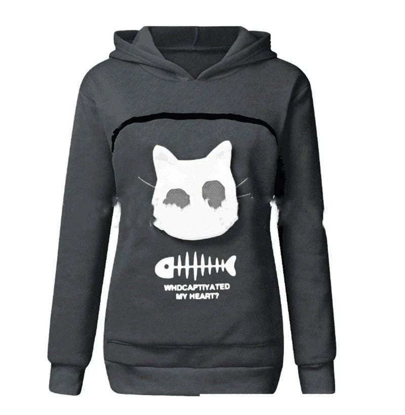 A cozy and stylish women's hooded sweatshirt with a unique cat-themed pocket design, available in a variety of vibrant colors.