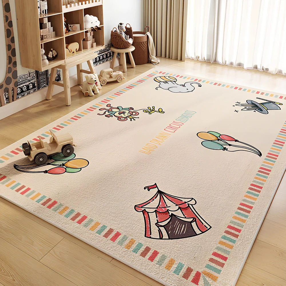 Cartoon animal print geometric pattern polyester carpet available in multiple sizes with hand wash cleaning