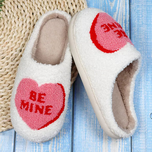 Valentine's Day Love Heart Cotton Slippers with non-slip sole in white