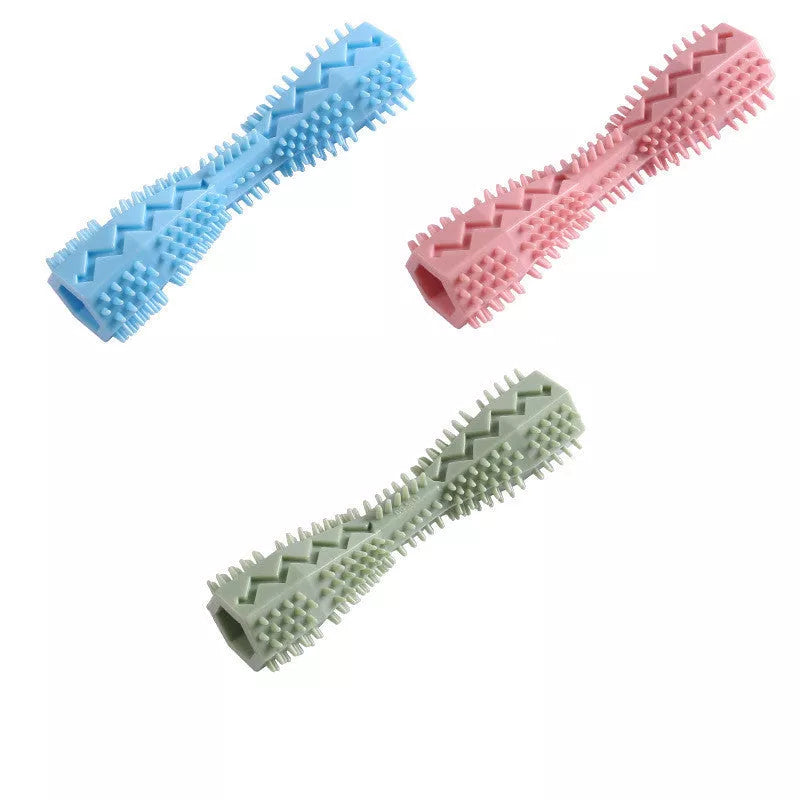 Hexagonal TPR chew toy for dogs in green, blue, or pink for teeth cleaning and anxiety relief