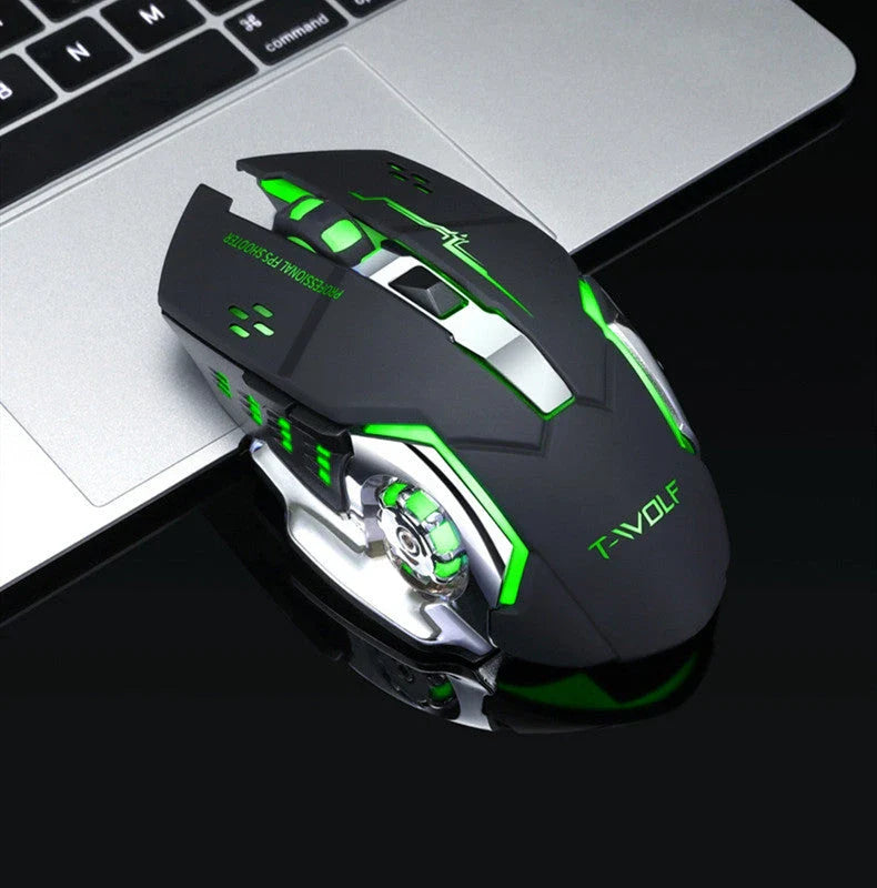 Wireless 2.4GHz USB optical gaming mouse with backlit controls, adjustable DPI, and ergonomic design for comfortable gaming
