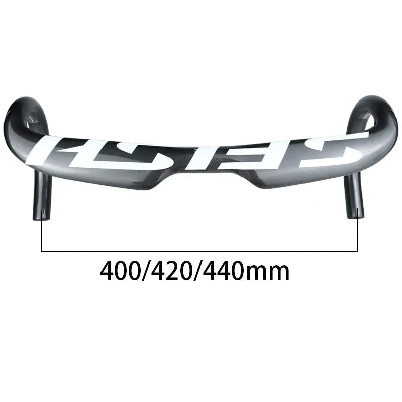 Carbon fibre road bicycle handlebar with ergonomic bent shape, shown in a choice of finishes.