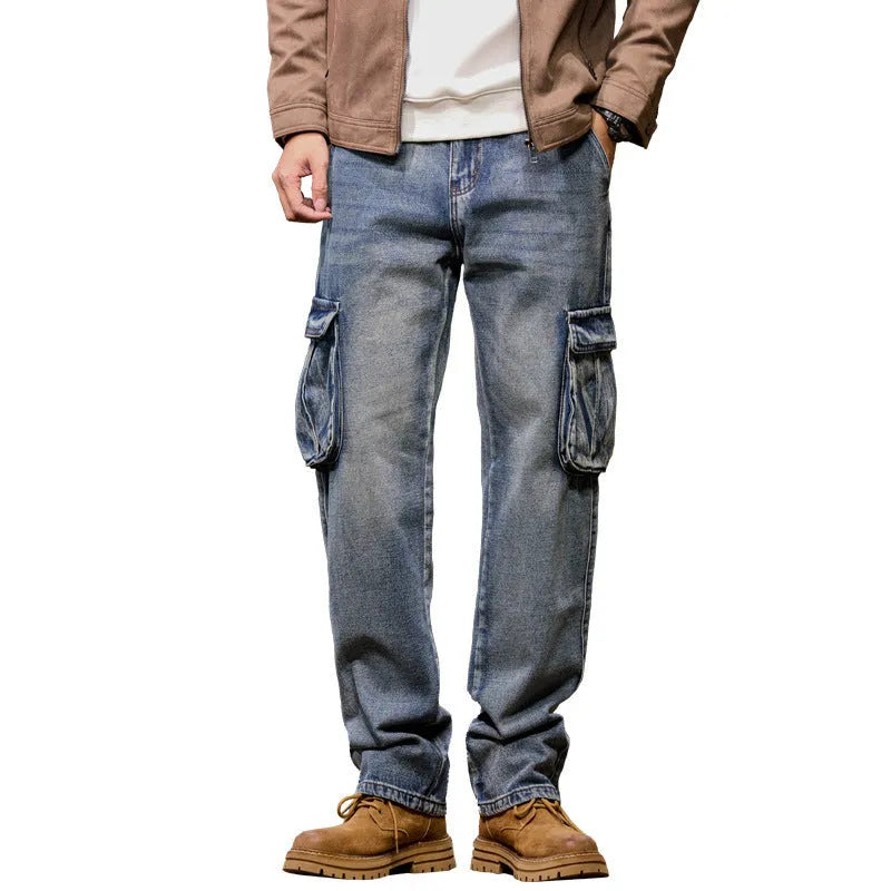 Men's loose-fit hip hop trousers with multi-pocket design in retro denim