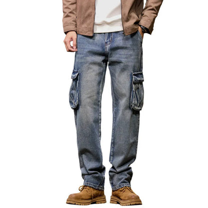 Men's loose-fit hip hop trousers with multi-pocket design in retro denim
