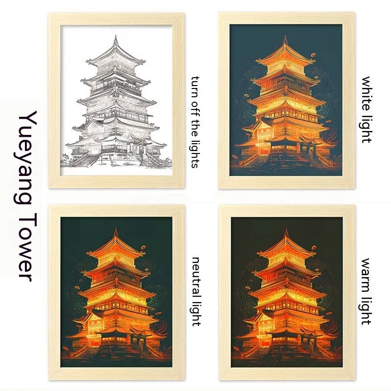USB-powered LED picture frame night light displaying landscape artwork in modern plastic frame