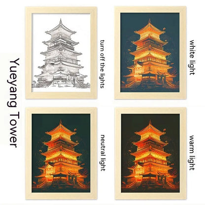 USB-powered LED picture frame night light displaying landscape artwork in modern plastic frame