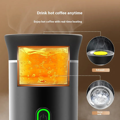 Portable 3-in-1 espresso machine in black showing ground coffee and capsule compartments with USB cable