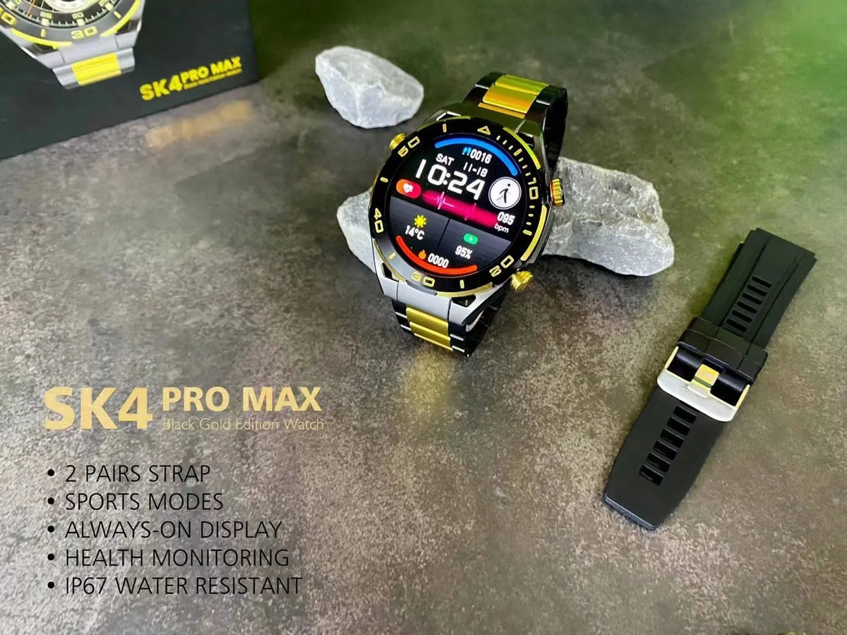 Gold smart sports watch with large screen, Bluetooth calling, heart rate monitoring and wireless charging