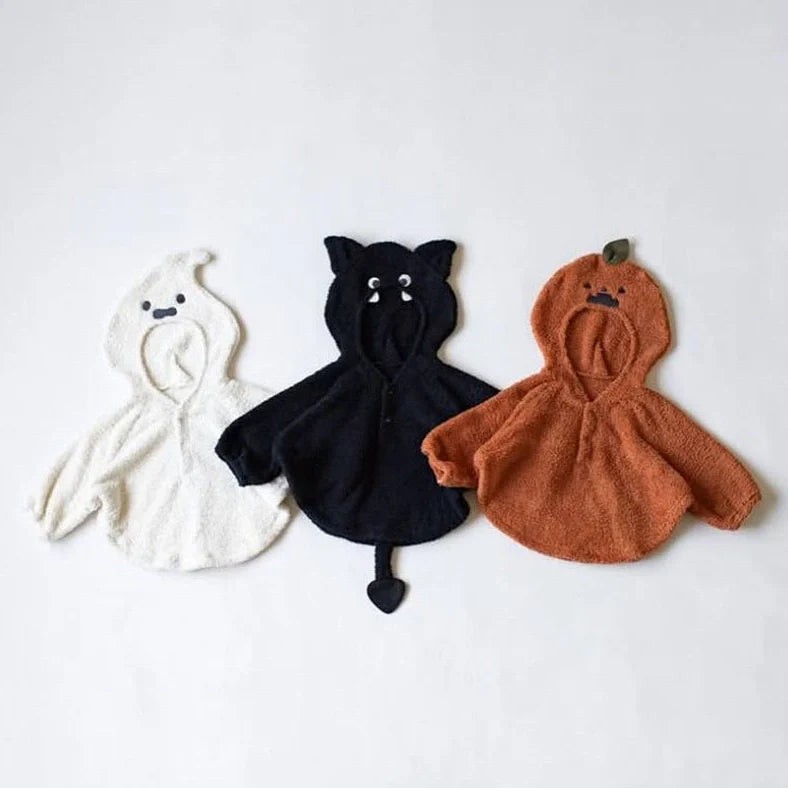 Festival-themed baby plush top with hooded long sleeves made from 100% polyester fleece fabric, available in black, coffee colour, and white options to suit heights from 73cm to 100cm for autumn and winter wear