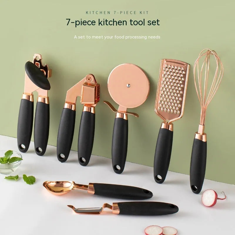 Rose gold stainless steel kitchen tool set with copper accents including peeler and utensils in six colour options