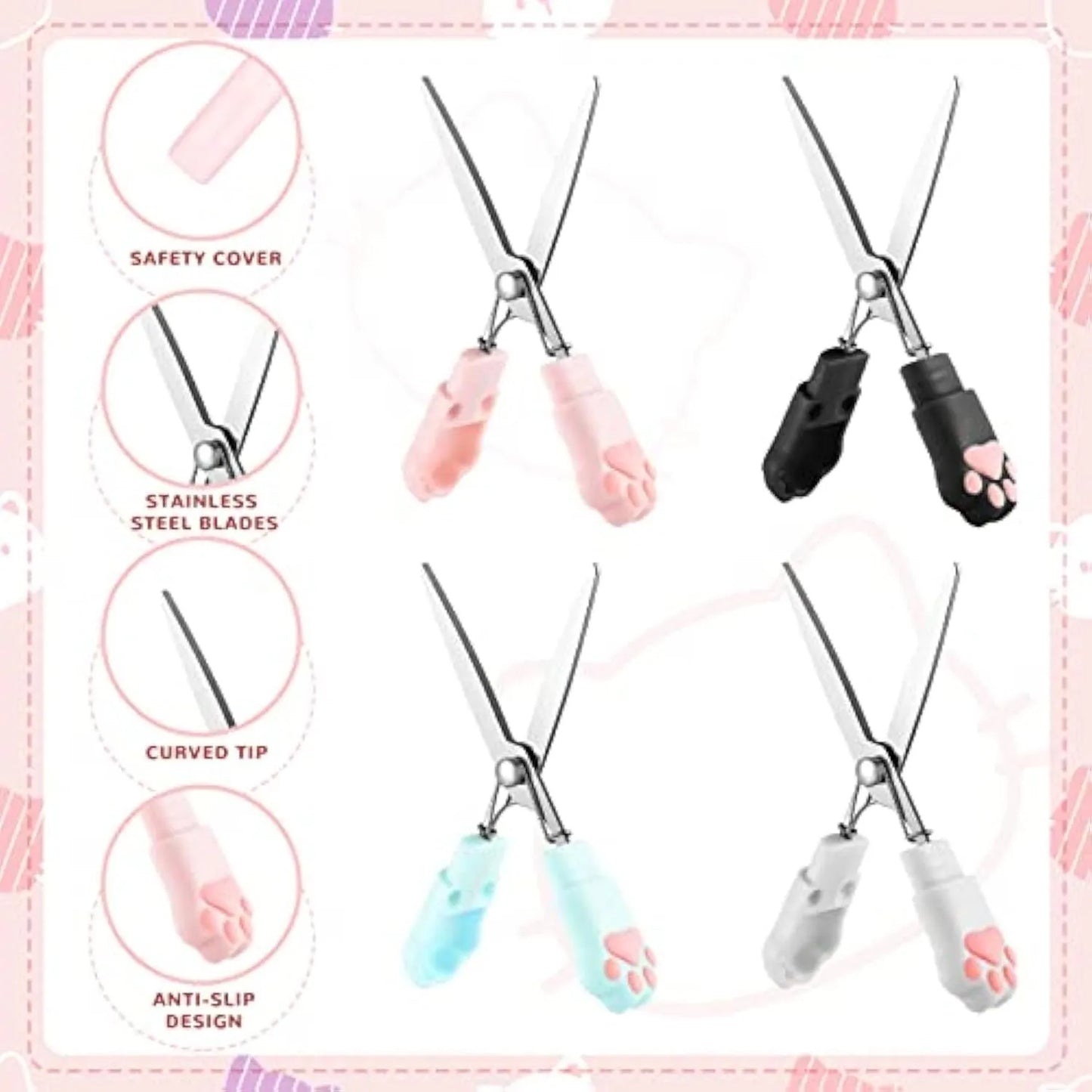 Closed and open views of cat paw mini folding scissors showing stainless steel blades and coloured handles.