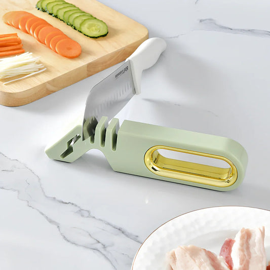 Four-in-one manual knife sharpener with ceramic, diamond, tungsten steel stones in pearl white, mint green or gentleman black