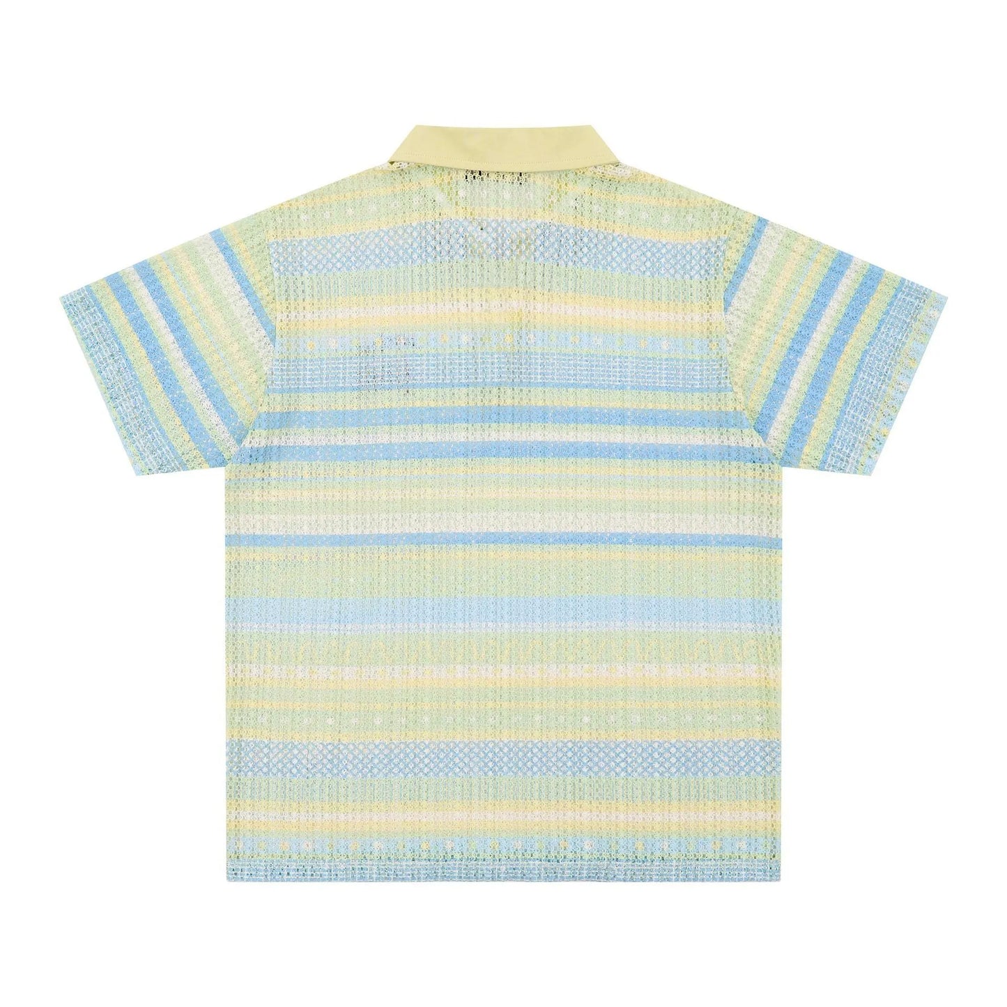Men's blue and yellow printed short sleeve shirt with elastic polyester fabric and loose fit design