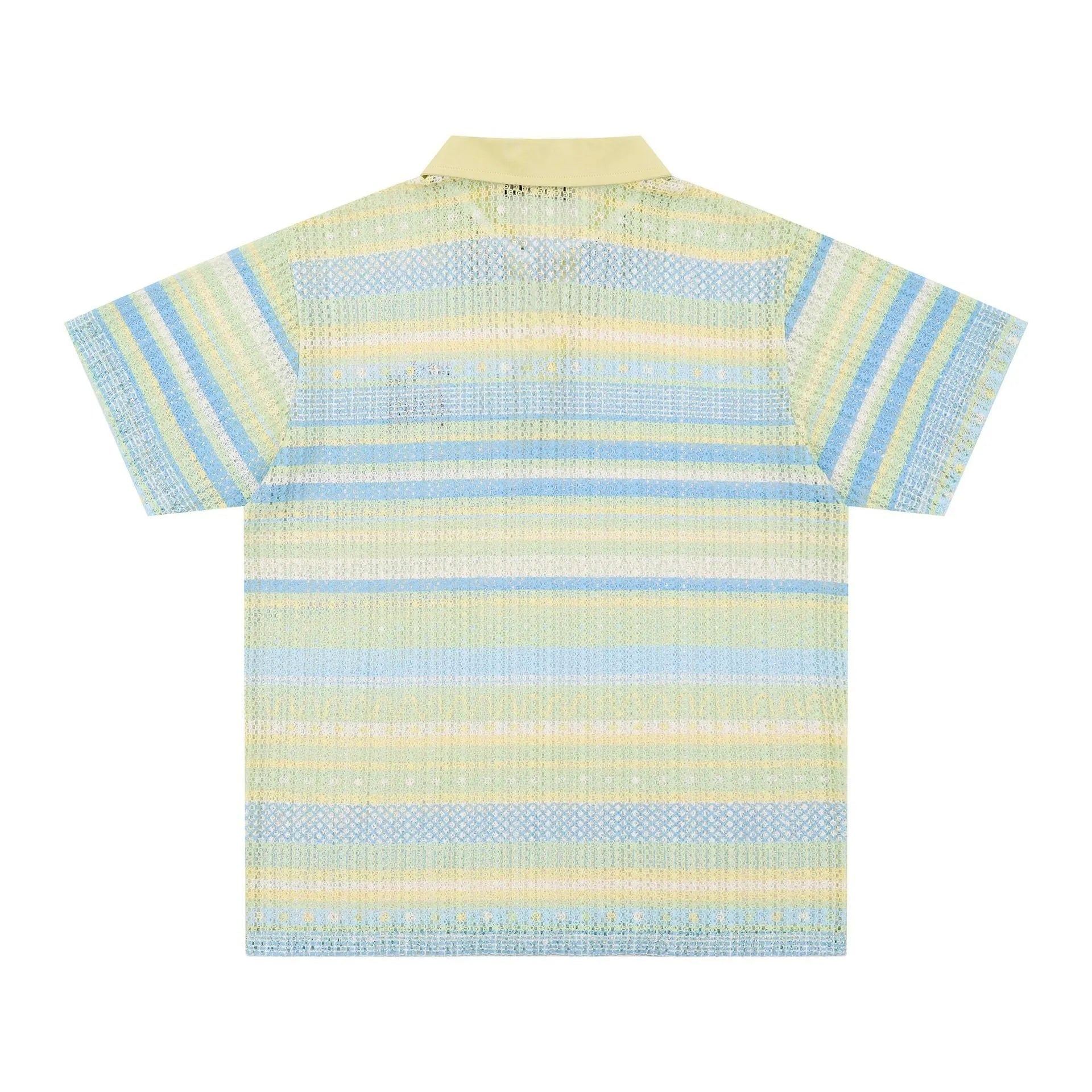 Men's blue and yellow printed short sleeve shirt with elastic polyester fabric and loose fit design
