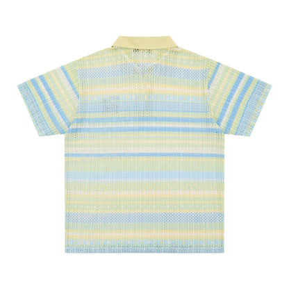Men's blue and yellow printed short sleeve shirt with elastic polyester fabric and loose fit design
