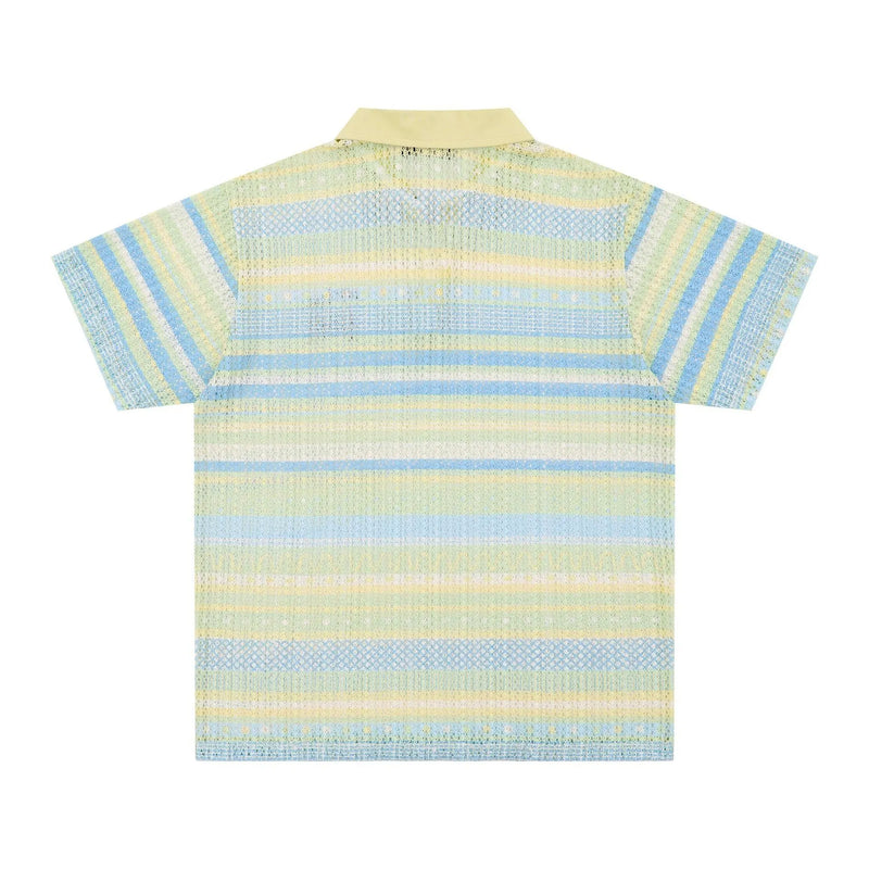 Men's printed shirt, short sleeve leisure top in polyester four-sided elastic fabric with loose fit, available in blue and yellow colours in S M L XL sizes, designed for casual wear and everyday matching