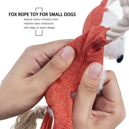 Brown stuffless fox plush dog toy with cotton rope limbs and embroidered eyes