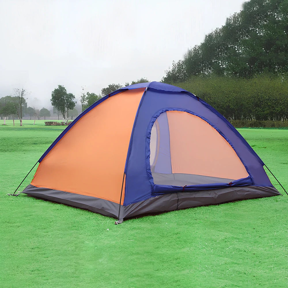 Orange blue double camping tent with reinforced frame showing 200x150x110cm dimensions and weatherproof features