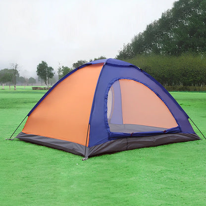 Orange blue double camping tent with reinforced frame showing 200x150x110cm dimensions and weatherproof features