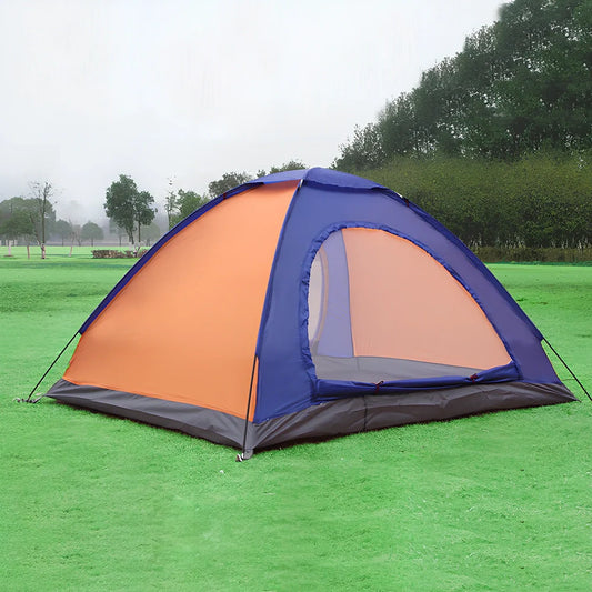 Orange blue double camping tent with reinforced frame showing 200x150x110cm dimensions and weatherproof features