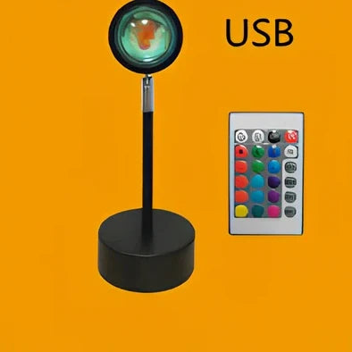 Rainbow sunset projector lamp with remote control showing colourful wall lighting effects