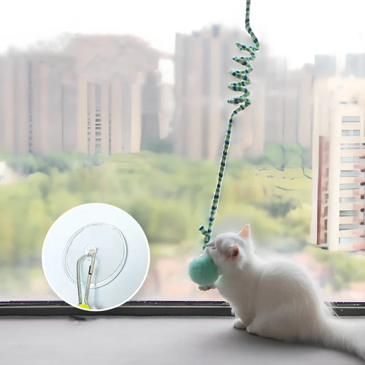 Blue interactive cat hanging toy with 8cm plush ball on 70cm stretchable wand attached via suction cup