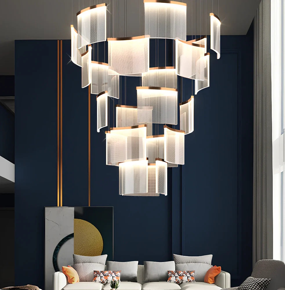 Villa Duplex large chandelier with multiple LED heads and gold mesh grid on stainless steel pendant