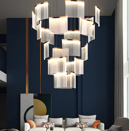 Villa Duplex large chandelier with multiple LED heads and gold mesh grid on stainless steel pendant