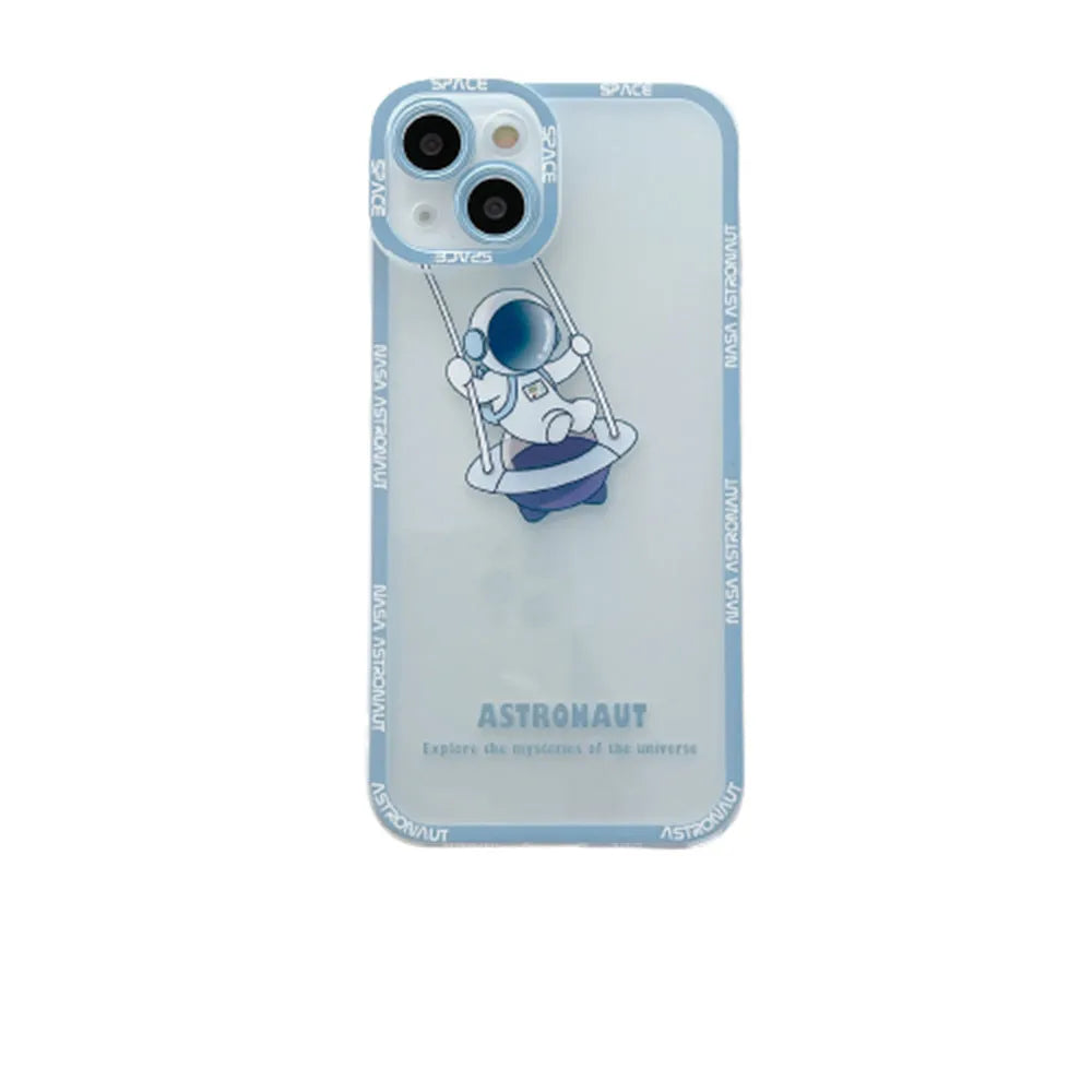 Transparent silicone iPhone case with blue astronaut print, shown on a phone.