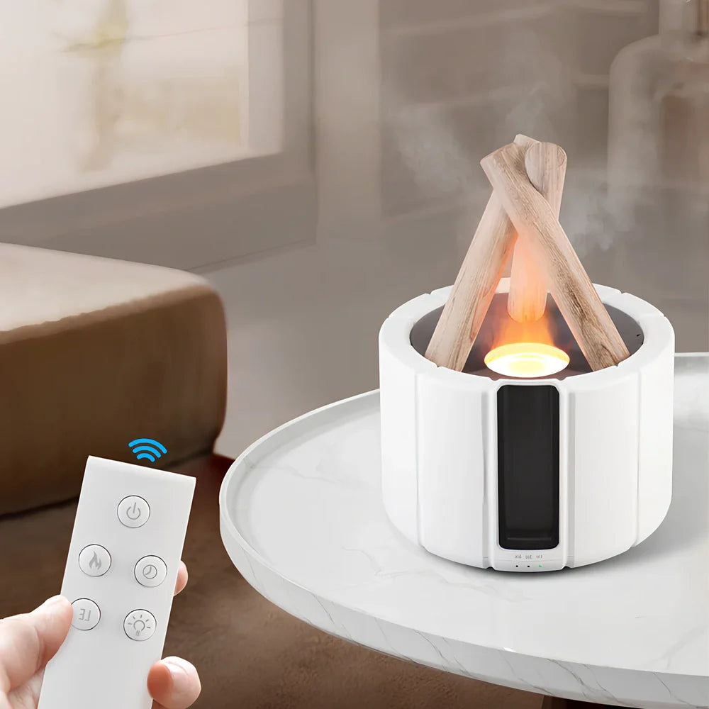 White H9 flame simulation humidifier with 280ml tank on desk, showing ultrasound mist and LED flame effect for aromatherapy