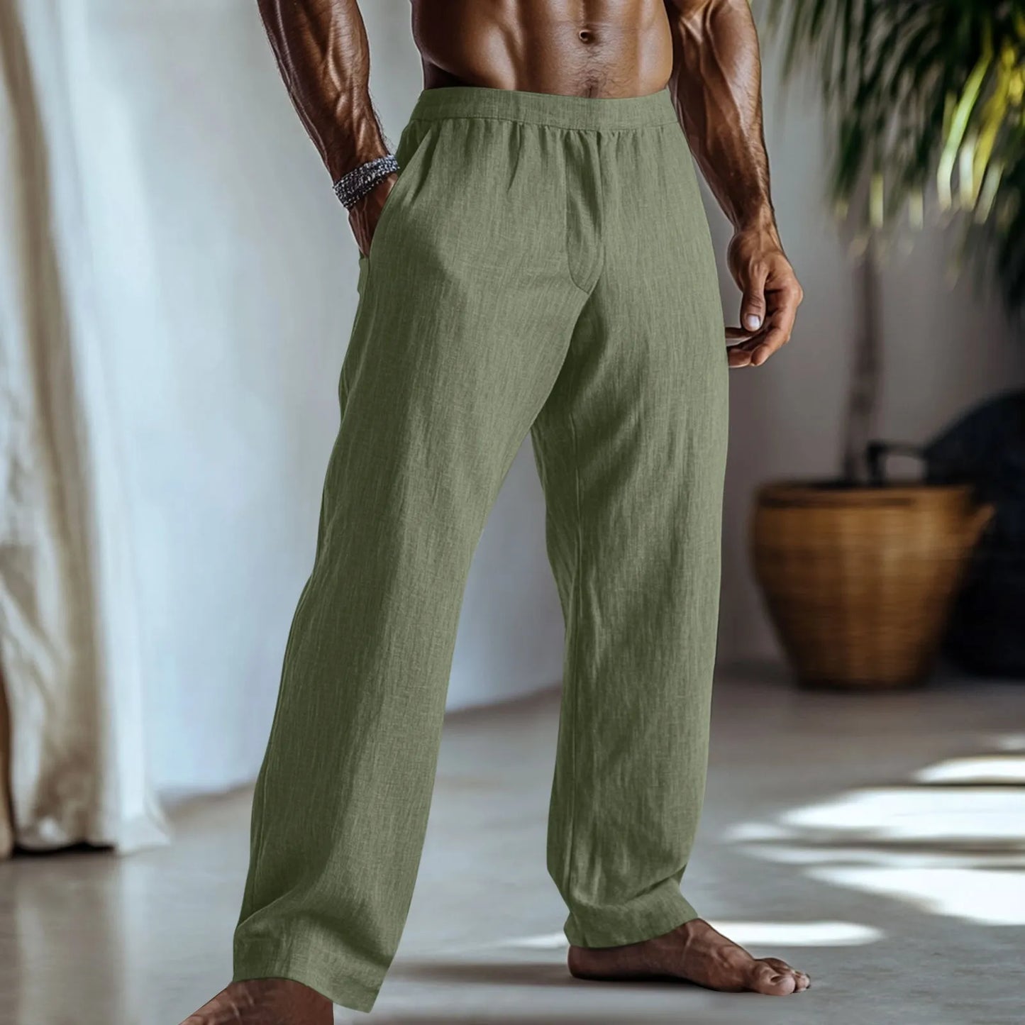 Straight-leg casual trousers in a cotton linen blend fabric shown in a solid colour.