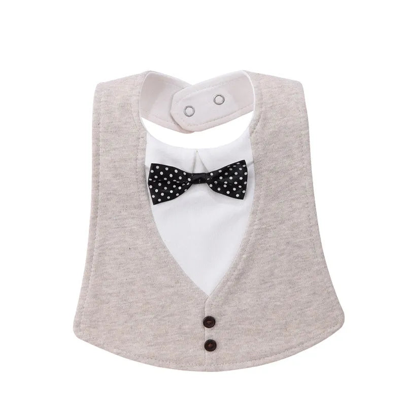 Adjustable baby bow tie bib in four-layer waterproof design, free size, shown in a choice of colour prints