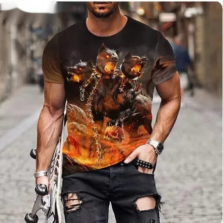 Men's black t-shirt with a fierce lion face 3D graphic print on the front.