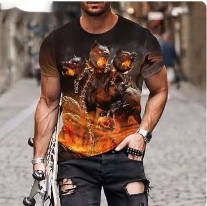 Men's black t-shirt with a fierce lion face 3D graphic print on the front.