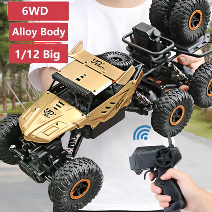 Children's remote control car with six wheels and 38cm climbing capability in black, gold, or red colours