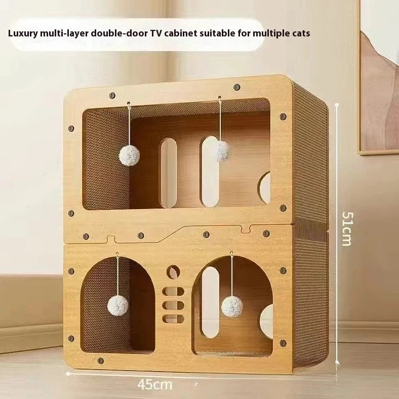 Double layer cat scratching board with owl design panel and integrated resting nest