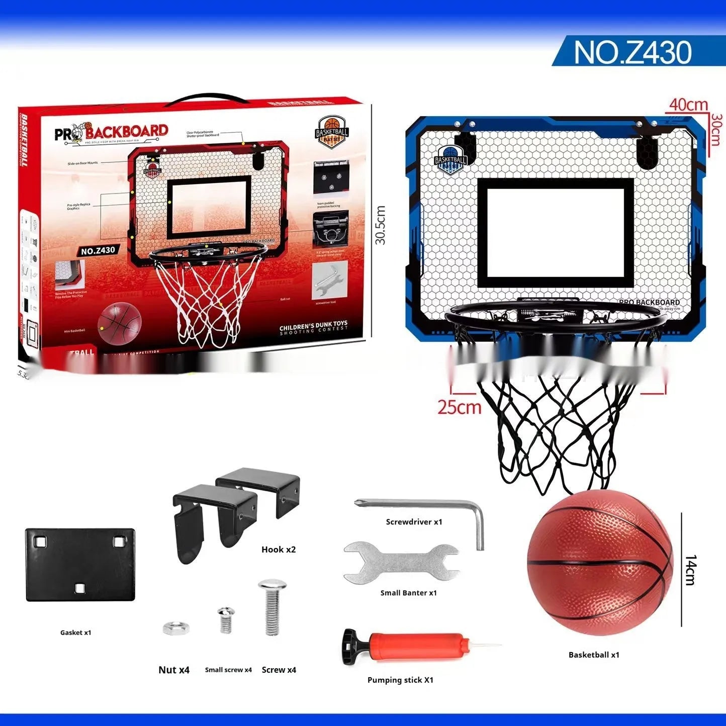Red folding basketball frame with suction cups mounted on door, showing 400x300mm panel and 16cm ball
