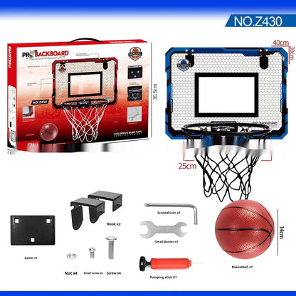 Red folding basketball frame with suction cups mounted on door, showing 400x300mm panel and 16cm ball