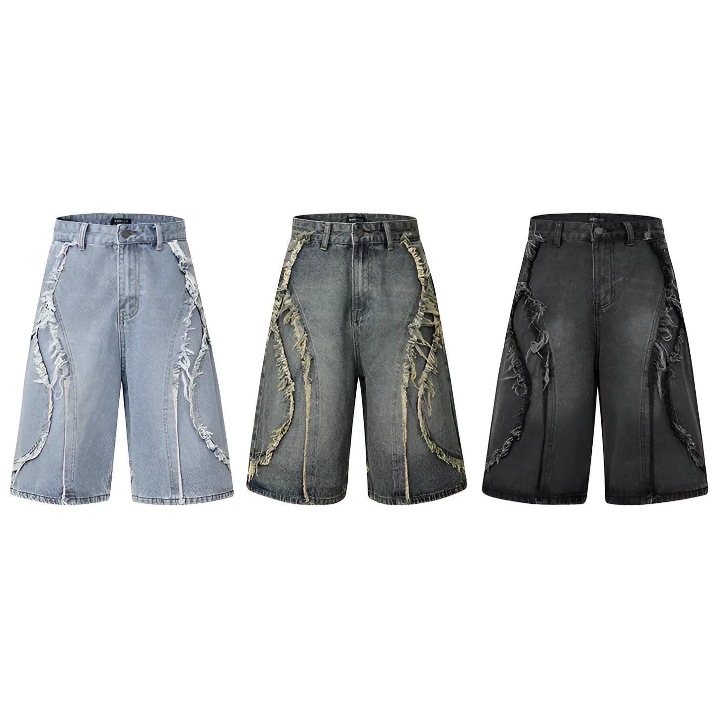 American Pu Shuai black distressed denim shorts with raw edge hem, straight leg, on a plain background.
